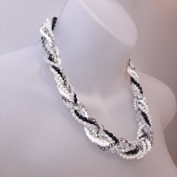 3/$20 Twisted Multi Strand Beaded Statement Necklace Pearl Rhinestone Gunmetal - Picture 6 of 13